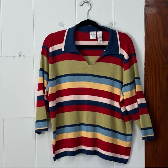 Emma James 90’s Multicolor Striped V-Neck Polo Sweater 2X - Picture 1 of 3